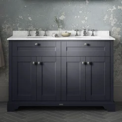 Old London 1200mm Cabinet & Double Bowl White Marble Top - Twilight Blue -Duravit Bathroom Shop lof364 d1