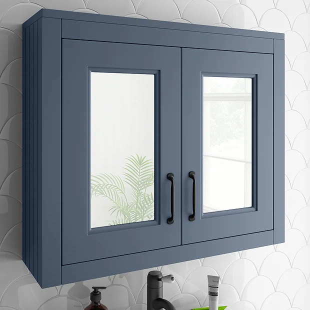 Chatsworth Blue 2-Door Mirror Cabinet - 690mm Wide With Matt Black Handles 4 Chatsworth Blue 2-Door Mirror Cabinet - 690mm Wide With Matt Black Handles - Image 2