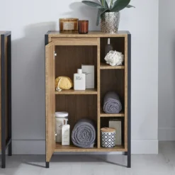 Milan Industrial Matt Black Framed Open Shelf Bathroom Storage Unit - Wood Effect -Duravit Bathroom Shop mil352m d2
