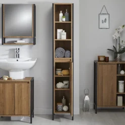 Milan Industrial Matt Black Framed Tall Bathroom Storage Unit - Wood Effect