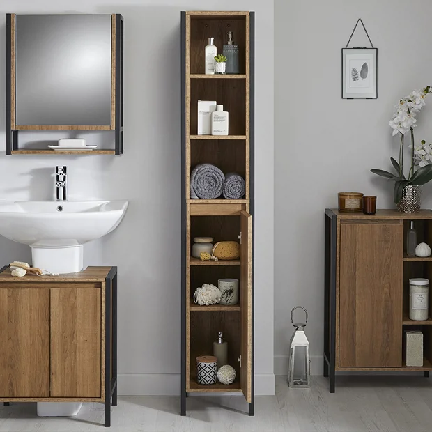Milan Industrial Matt Black Framed Tall Bathroom Storage Unit - Wood Effect 3 Milan Industrial Matt Black Framed Tall Bathroom Storage Unit - Wood Effect