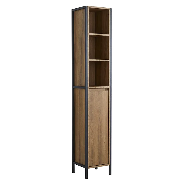 Milan Industrial Matt Black Framed Tall Bathroom Storage Unit - Wood Effect 4 Milan Industrial Matt Black Framed Tall Bathroom Storage Unit - Wood Effect - Image 2
