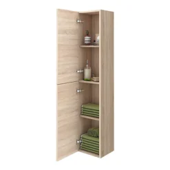 Brooklyn Natural Oak Wall Hung Tall Storage Cabinet With Brushed Brass Handles