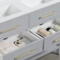 Montrose 1200mm Dove Grey Double Basin Vanity Unit With Brushed Brass Handles And Slatted Shelf -Duravit Bathroom Shop mt12vdgbb d1a