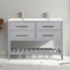 Montrose 1200mm Dove Grey Double Basin Vanity Unit With Brushed Brass Handles And Slatted Shelf