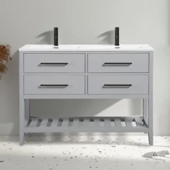 Montrose 1200mm Dove Grey Double Basin Vanity Unit With Matt Black Handles And Slatted Shelf