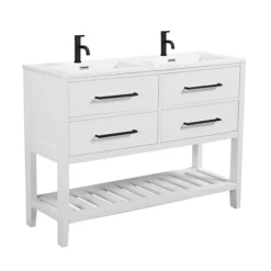 Montrose 1200mm White Double Basin Vanity Unit With Matt Black Handles And Slatted Shelf -Duravit Bathroom Shop mt12vmwmb l