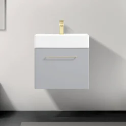 Odyssey Grey Wall Hung Vanity Unit - 600mm Wide With Brushed Brass Handle