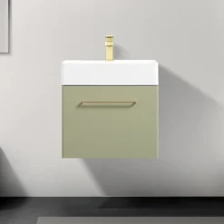 Odyssey Sage Wall Hung Vanity Unit - 600mm Wide With Brushed Brass Handle