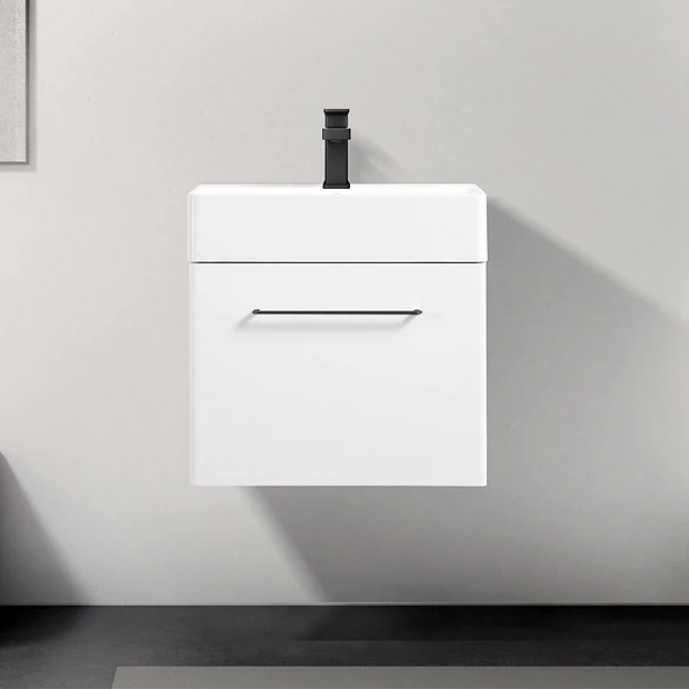 Odyssey White Wall Hung Vanity Unit - 600mm Wide With Matt Black Handle 3 Odyssey White Wall Hung Vanity Unit - 600mm Wide With Matt Black Handle