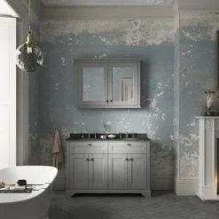 Old London 1200mm Cabinet & Double Bowl Black Marble Top - Storm Grey