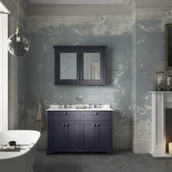 Old London 1200mm Cabinet & Double Bowl White Marble Top - Twilight Blue