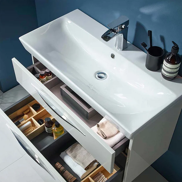 Roper Rhodes Scheme 1000mm Wall Mounted Double Drawer Unit With Ceramic Basin - Gloss Dark Clay 3 Roper Rhodes Scheme 1000mm Wall Mounted Double Drawer Unit With Ceramic Basin - Gloss Dark Clay