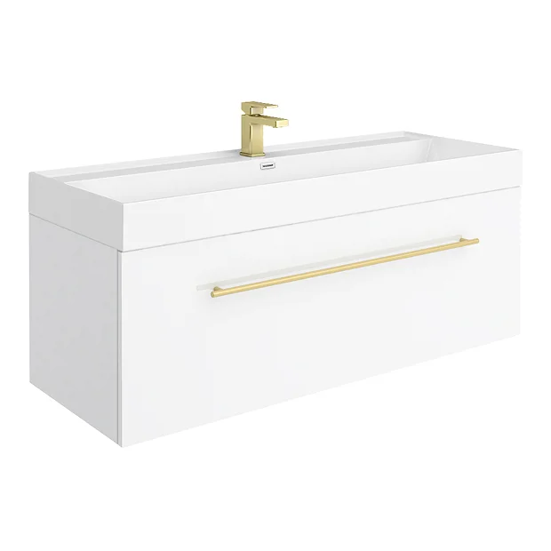 Valencia 1200 Gloss White Minimalist Wall Hung Vanity Unit With Brass Handle 4 Valencia 1200 Gloss White Minimalist Wall Hung Vanity Unit With Brass Handle - Image 2