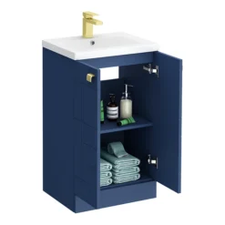 Venice Abstract 500mm Blue Vanity Unit - Floor Standing 2 Door Unit With Brushed Brass Square Drop Handles