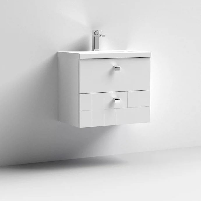Venice Abstract 600mm White Vanity Unit - Wall Hung 2 Drawer Unit With Chrome Square Drop Handles 7 Venice Abstract 600mm White Vanity Unit - Wall Hung 2 Drawer Unit With Chrome Square Drop Handles - Image 5
