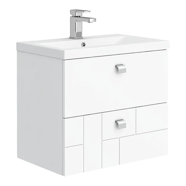 Venice Abstract 600mm White Vanity Unit - Wall Hung 2 Drawer Unit With Chrome Square Drop Handles 4 Venice Abstract 600mm White Vanity Unit - Wall Hung 2 Drawer Unit With Chrome Square Drop Handles - Image 2