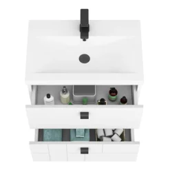 Venice Abstract 600mm White Vanity Unit - Wall Hung 2 Drawer Unit With Matt Black Square Drop Handles