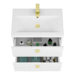 Venice Abstract 600mm White Vanity Unit - Wall Hung With Brushed Brass Handles