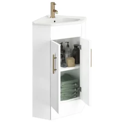 Venice Corner Vanity Unit - Gloss White - 590mm With Brushed Brass Handles