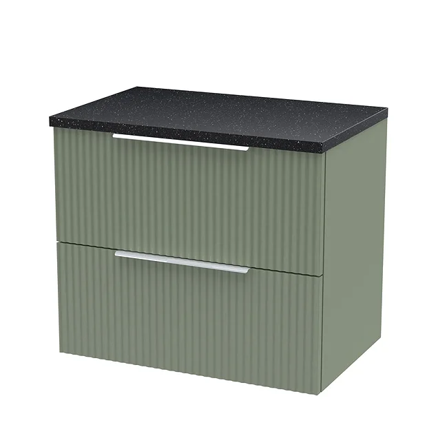Venice Fluted 600mm Green Vanity Unit - Wall Hung 2 Drawer Unit With Black Worktop & Chrome Handles 4 Venice Fluted 600mm Green Vanity Unit - Wall Hung 2 Drawer Unit With Black Worktop & Chrome Handles - Image 2