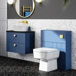 Venice Abstract 600mm Blue Vanity Unit - Wall Hung 2 Drawer Unit With Black Worktop & Brushed Brass Handles -Duravit Bathroom Shop vwh6blublkb d3