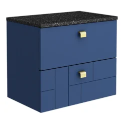 Venice Abstract 600mm Blue Vanity Unit - Wall Hung 2 Drawer Unit With Black Worktop & Brushed Brass Handles -Duravit Bathroom Shop vwh6blublkb l