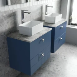 Venice Abstract 600mm Blue Vanity Unit - Wall Hung 2 Drawer Unit With Grey Worktop & Chrome Handles -Duravit Bathroom Shop vwh6blugre d2