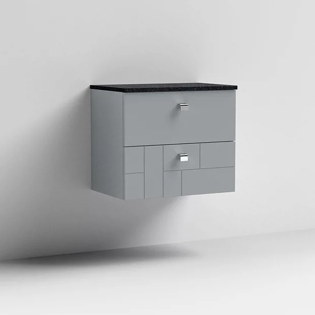 Venice Abstract 600mm Grey Vanity Unit - Wall Hung 2 Drawer Unit With Black Worktop & Chrome Handles 6 Venice Abstract 600mm Grey Vanity Unit - Wall Hung 2 Drawer Unit With Black Worktop & Chrome Handles - Image 4
