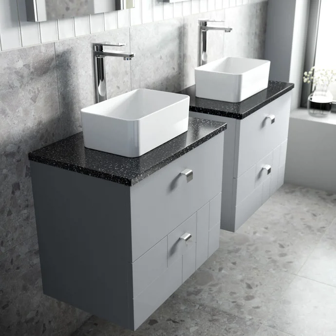 Venice Abstract 600mm Grey Vanity Unit - Wall Hung 2 Drawer Unit With Black Worktop & Chrome Handles 7 Venice Abstract 600mm Grey Vanity Unit - Wall Hung 2 Drawer Unit With Black Worktop & Chrome Handles - Image 5