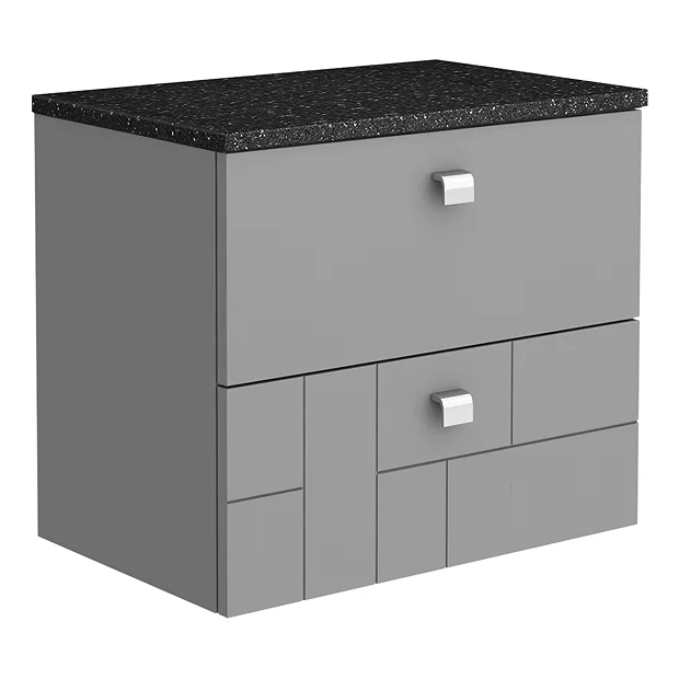 Venice Abstract 600mm Grey Vanity Unit - Wall Hung 2 Drawer Unit With Black Worktop & Chrome Handles 4 Venice Abstract 600mm Grey Vanity Unit - Wall Hung 2 Drawer Unit With Black Worktop & Chrome Handles - Image 2