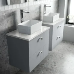Venice Abstract 600mm Grey Vanity Unit - Wall Hung 2 Drawer Unit With White Worktop & Chrome Handles -Duravit Bathroom Shop vwh6grewhi d2