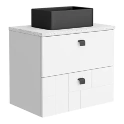 Venice Abstract 600 White Vanity - Wall Hung 2-Drawer Unit W. White Worktop, Rectangular Matt Black Basin & Handles -Duravit Bathroom Shop vwh6whiwhib3 l