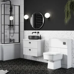 Venice Abstract 600mm White Vanity - Wall Hung 2 Drawer Unit With White Worktop & Matt Black Handles
